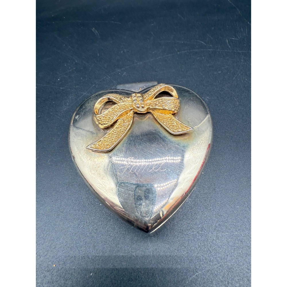 Vintage Silver‑Tone Heart Trinket Box Gold‑Bow Hinged Jewelry Keepsake Engraved